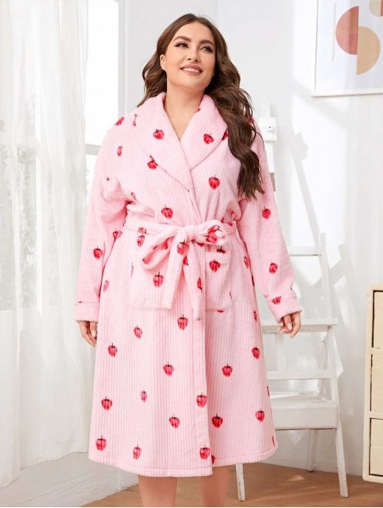 Strawberry Print Flannel House Robe W/ Pockets